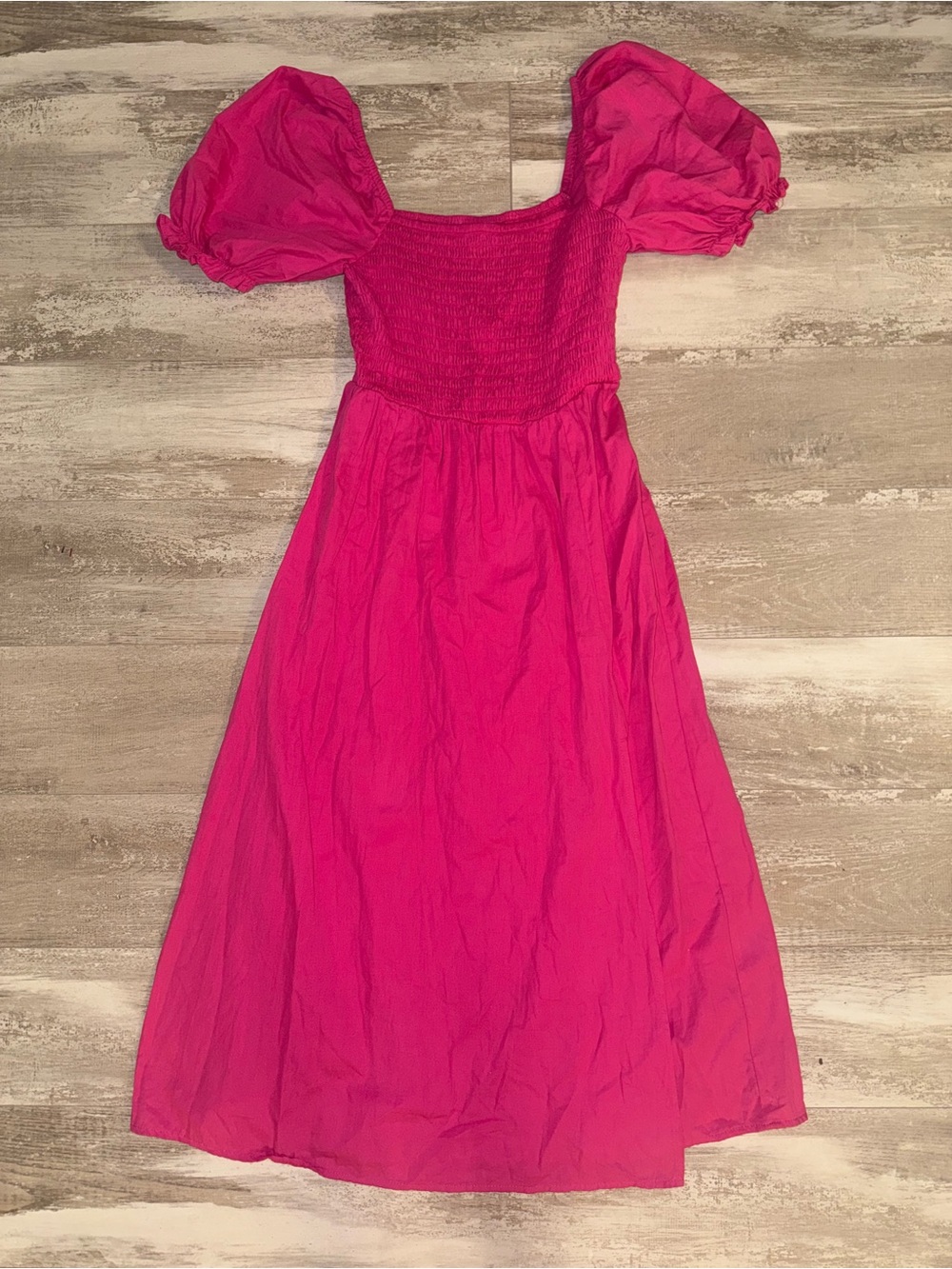 Smocked Puff-Sleeve Midi Dress in Bright Pink